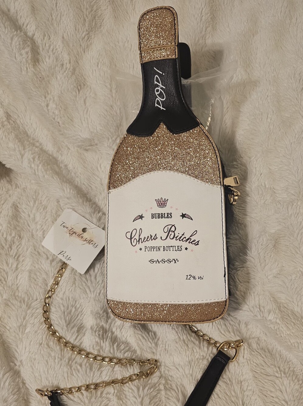 POP! 🍾 *NWT* Glitter Champagne Bottle Crossbody Bag - White & Gold